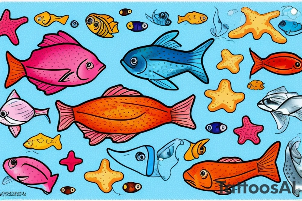 A colored seefish with starfish and corrals what swim in a sea tattoo idea