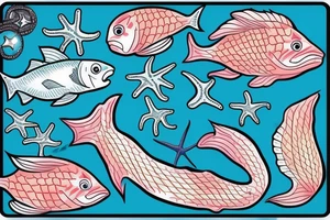 A colored seefish with starfish and corrals what swim in a sea tattoo idea