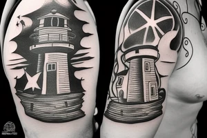 Lighthouse surrounded by darkness and incorporate the 3 dark triads tattoo idea