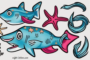 A colored shark with starfish and corrals what swim in a sea tattoo idea