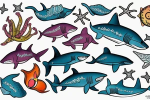 A colored shark with starfish and corrals what swim in a sea tattoo idea