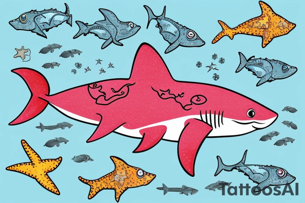 A colored shark with starfish and corrals what swim in a sea tattoo idea
