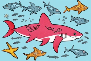 A colored shark with starfish and corrals what swim in a sea tattoo idea
