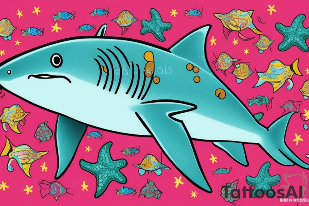 A colored shark with starfish and corrals what swim in a sea tattoo idea
