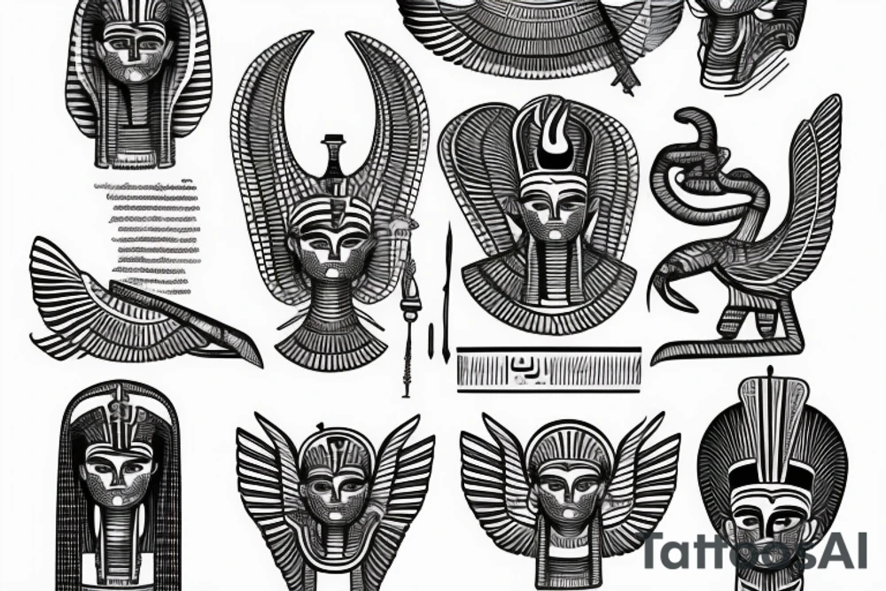 egyptian god with scriptures and writing tattoo idea