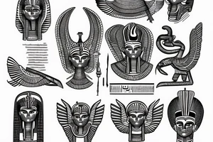 egyptian god with scriptures and writing tattoo idea