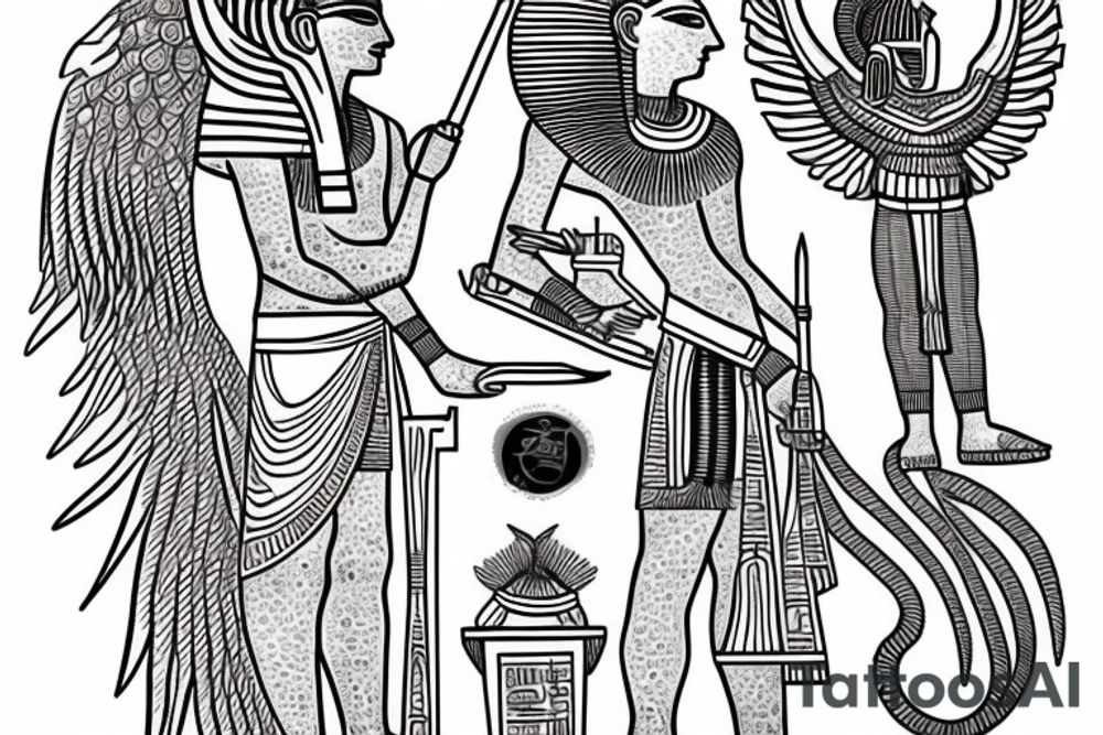 egyptian god with scriptures and writing tattoo idea