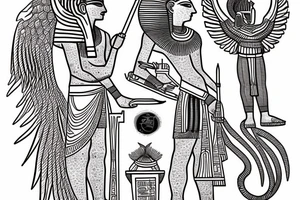 egyptian god with scriptures and writing tattoo idea