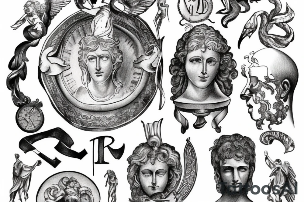 roman god with roman numerals and writing tattoo idea