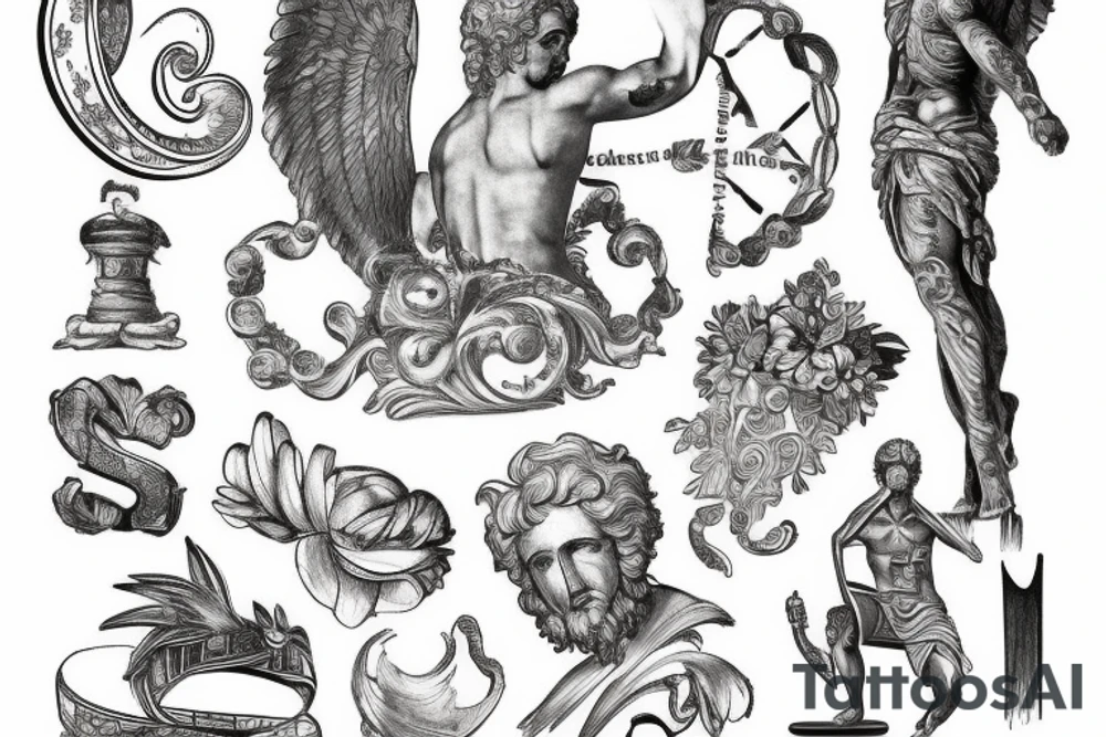roman god with roman numerals and writing tattoo idea