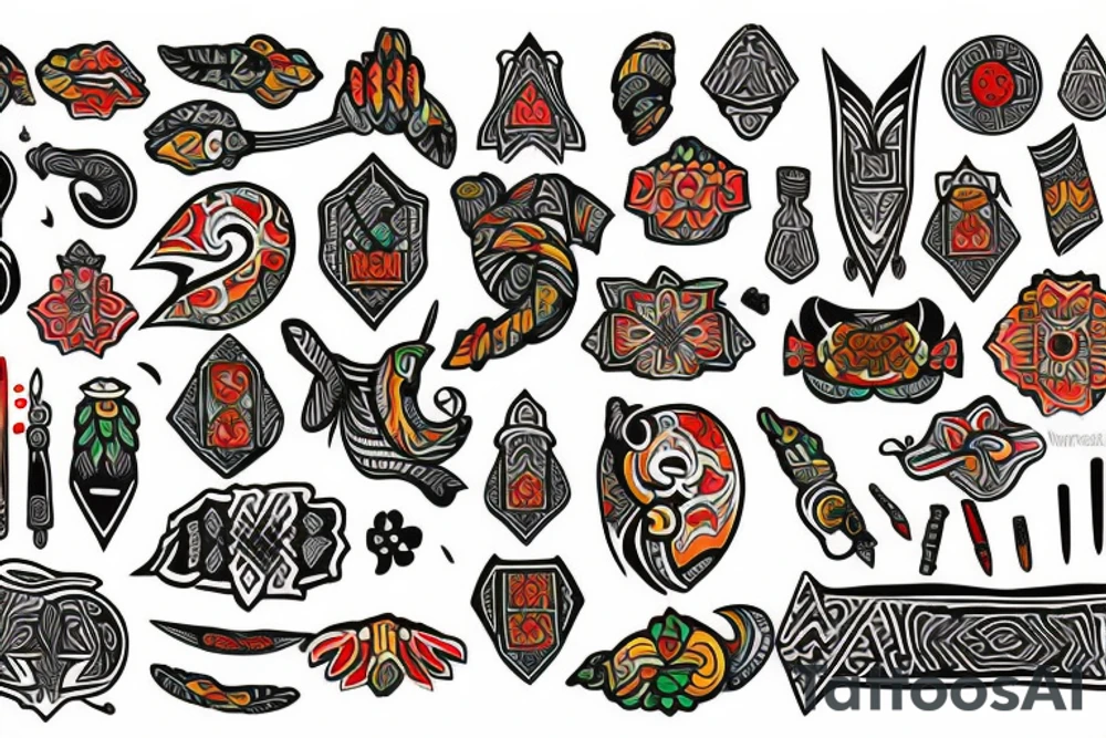 Ancient Nordic style blended with tribal and bright colors tattoo idea