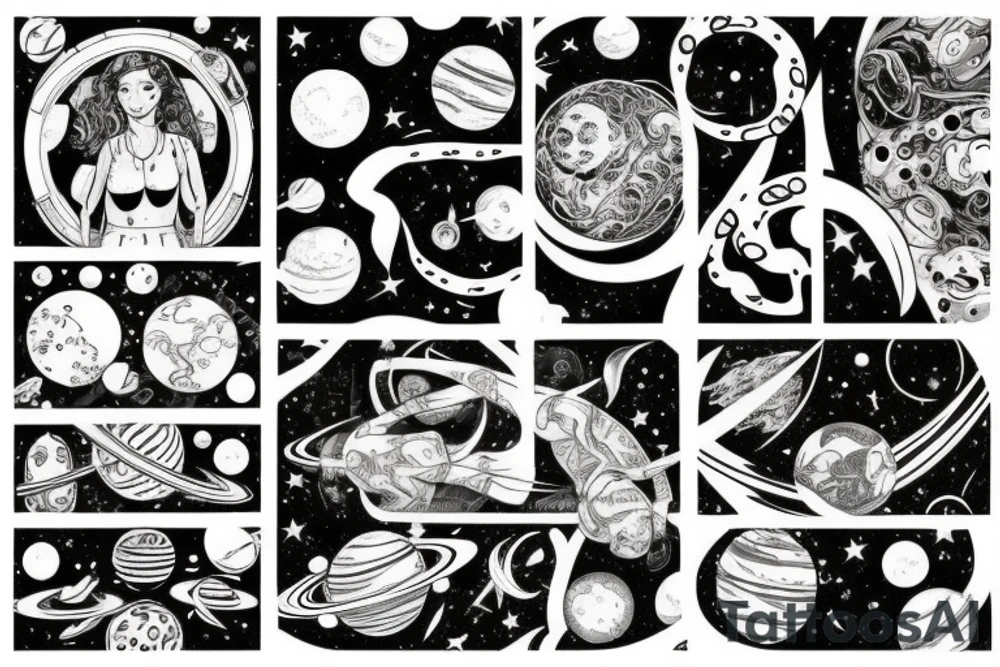 Alina in space surrounded by planets and comet tattoo idea