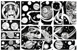 Alina in space surrounded by planets and comet tattoo idea