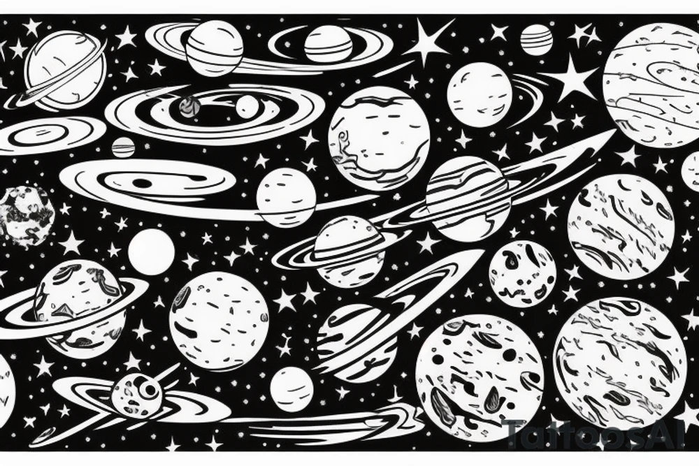 Alina in space surrounded by planets and comet tattoo idea
