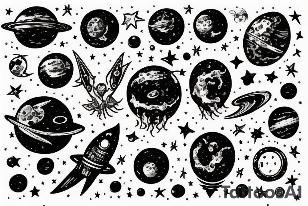 Alien in space surrounded by planets and comet tattoo idea