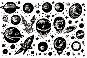 Alien in space surrounded by planets and comet tattoo idea