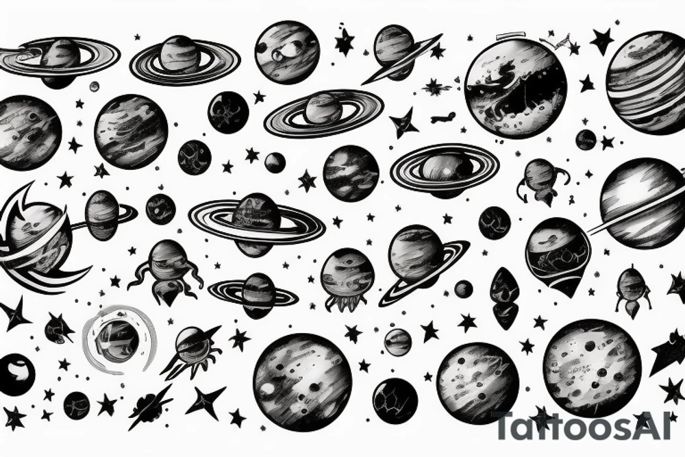 Alien in space surrounded by planets and comet tattoo idea