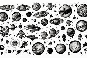 Alien in space surrounded by planets and comet tattoo idea