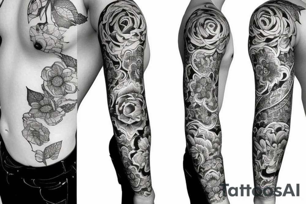 Fine line flower sleeve tattoo idea