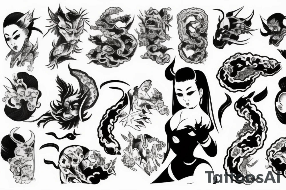 Japanese, demon, stretching, noodles, pin-up girl tattoo idea