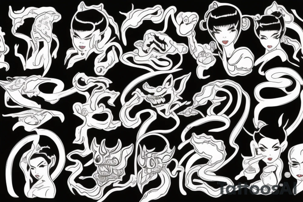 Japanese, demon, stretching, noodles, pin-up girl tattoo idea
