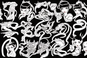 Japanese, demon, stretching, noodles, pin-up girl tattoo idea