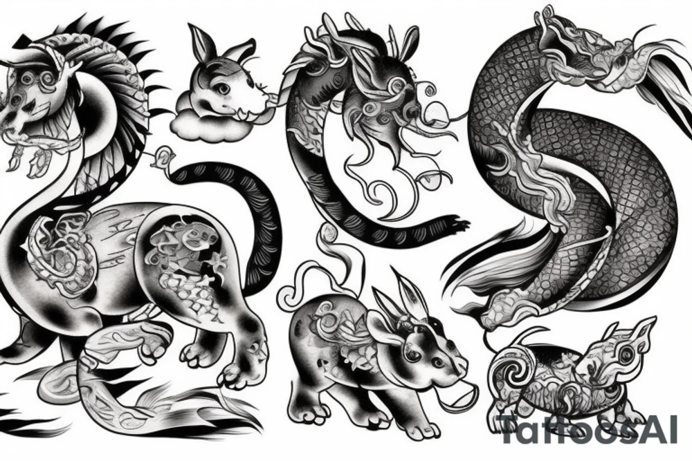 Sleeve with water horse, water tiger cub and a wood rabbit based of the Chinese zodiac done in neo traditional style tattoo idea