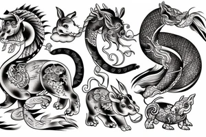 Sleeve with water horse, water tiger cub and a wood rabbit based of the Chinese zodiac done in neo traditional style tattoo idea