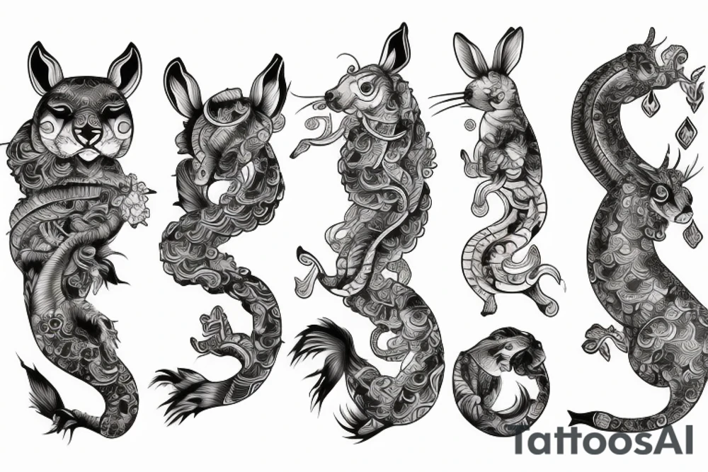 Sleeve with water horse, water tiger cub and a wood rabbit based of the Chinese zodiac done in neo traditional style tattoo idea