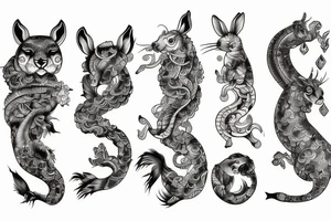 Sleeve with water horse, water tiger cub and a wood rabbit based of the Chinese zodiac done in neo traditional style tattoo idea