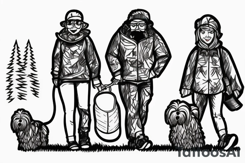 A boy and a girl walking their bearded collie dog into the distance wearing camping gear. tattoo idea