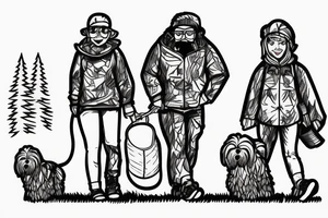 A boy and a girl walking their bearded collie dog into the distance wearing camping gear. tattoo idea