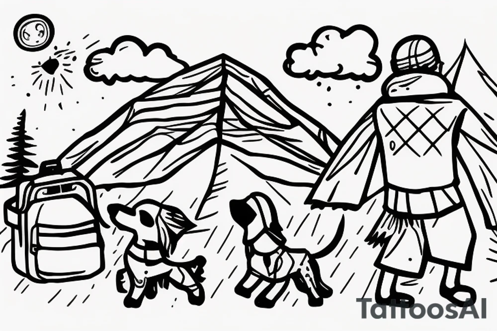 A boy and a girl walking their bearded collie dog into the distance wearing camping gear. tattoo idea