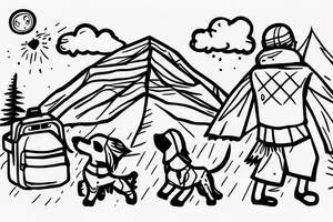 A boy and a girl walking their bearded collie dog into the distance wearing camping gear. tattoo idea