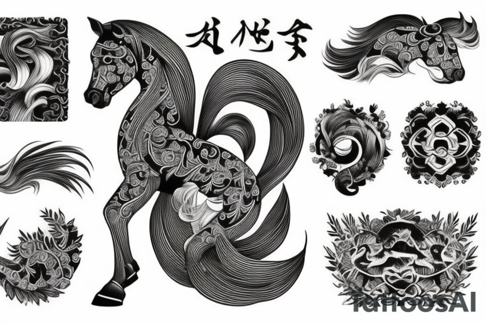 A horse with water in a neo traditional style with a Chinese feel tattoo idea