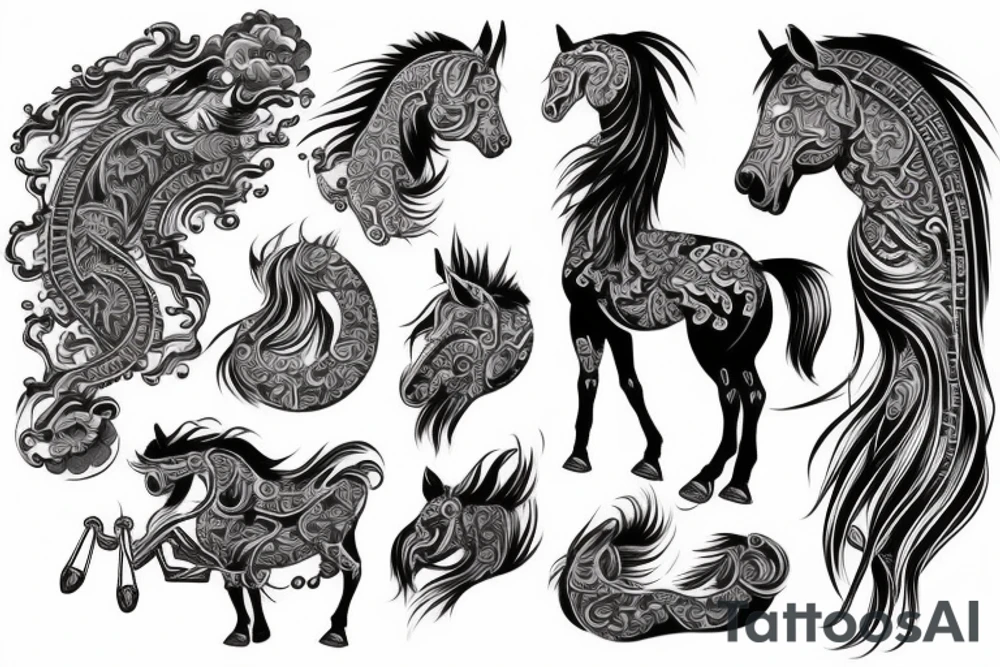 A horse with water in a neo traditional style with a Chinese feel tattoo idea