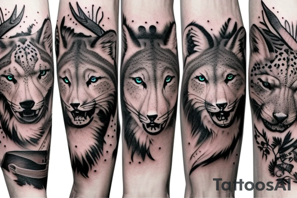 arm sleeve with elk, snow leopard, wolf, fox tattoo idea