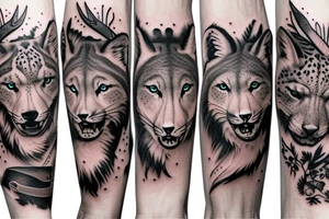 arm sleeve with elk, snow leopard, wolf, fox tattoo idea