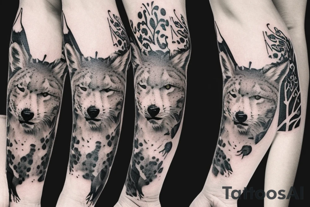 arm sleeve with elk, snow leopard, wolf, fox tattoo idea