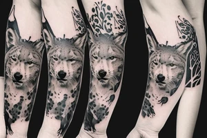 arm sleeve with elk, snow leopard, wolf, fox tattoo idea