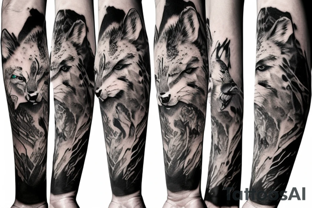 arm sleeve with elk, snow leopard, wolf, fox tattoo idea