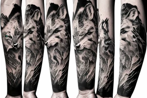 arm sleeve with elk, snow leopard, wolf, fox tattoo idea