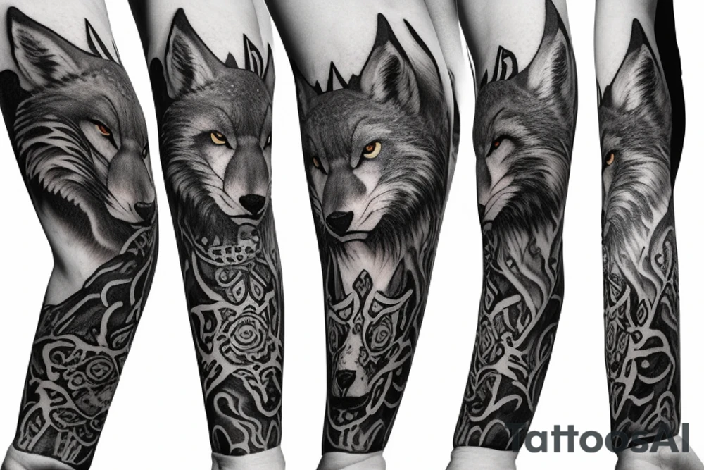 arm sleeve with elk, snow leopard, wolf, fox tattoo idea
