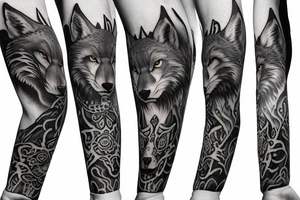 arm sleeve with elk, snow leopard, wolf, fox tattoo idea