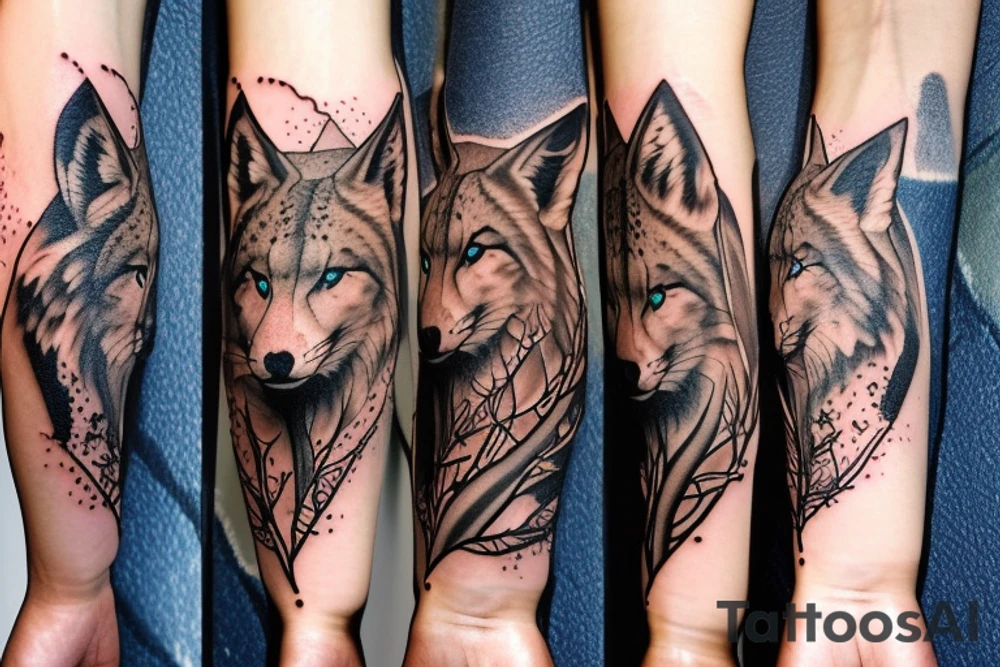 arm sleeve with elk, snow leopard, wolf, fox tattoo idea