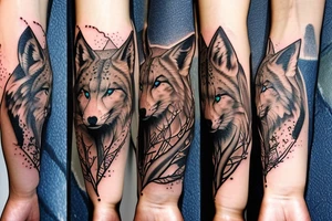 arm sleeve with elk, snow leopard, wolf, fox tattoo idea