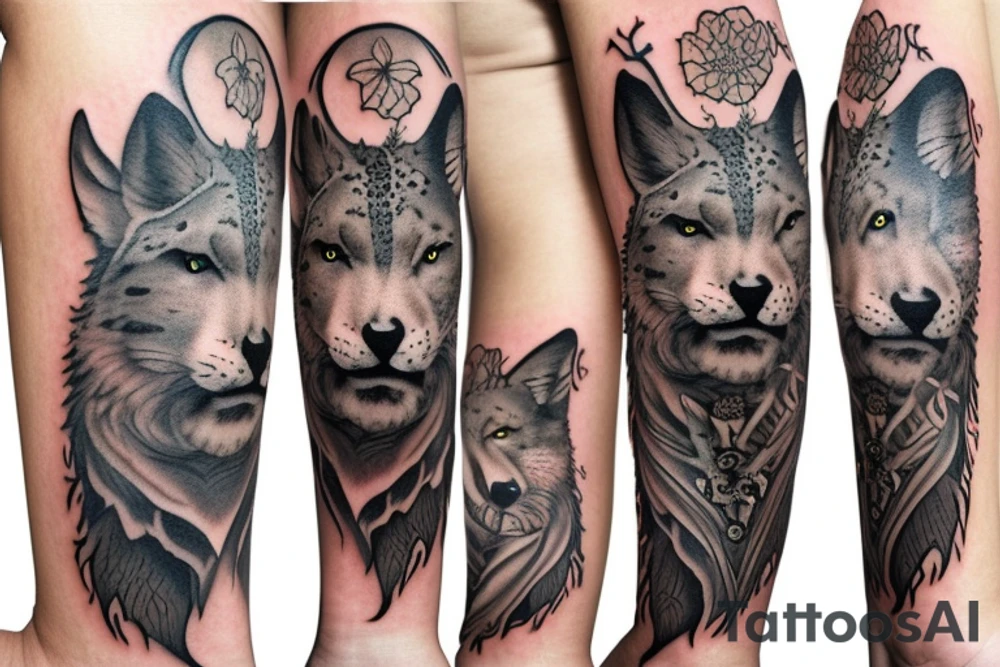 arm sleeve with elk, snow leopard, wolf, fox tattoo idea