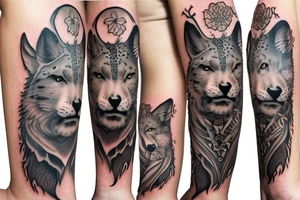 arm sleeve with elk, snow leopard, wolf, fox tattoo idea