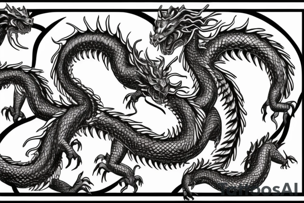A four headed dragon hydra that starts in a spiral at the middle of the back and goes over both shoulders. Two heads per shoulder, and then meet at the chest. tattoo idea
