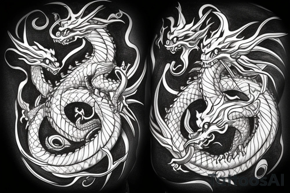 A four headed dragon hydra that starts in a spiral at the middle of the back and goes over both shoulders. Two heads per shoulder, and then meet at the chest. tattoo idea